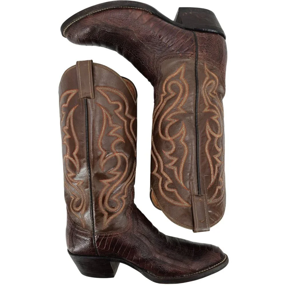 Vintage Exotic Ostrich Leg Mens 8.5D Tobacco Brown Leather Cowboy Western Boots - Picture 7 of 13